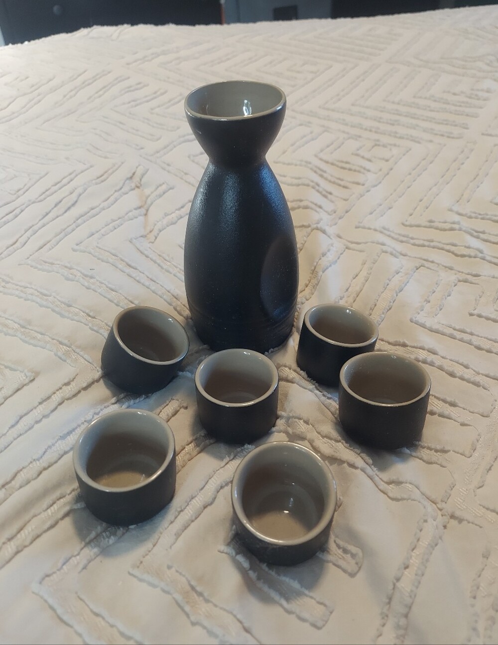 Japanese Ceramic Sake Set Black Matte Carafe Tokkuri with 6 Ochoko Cups